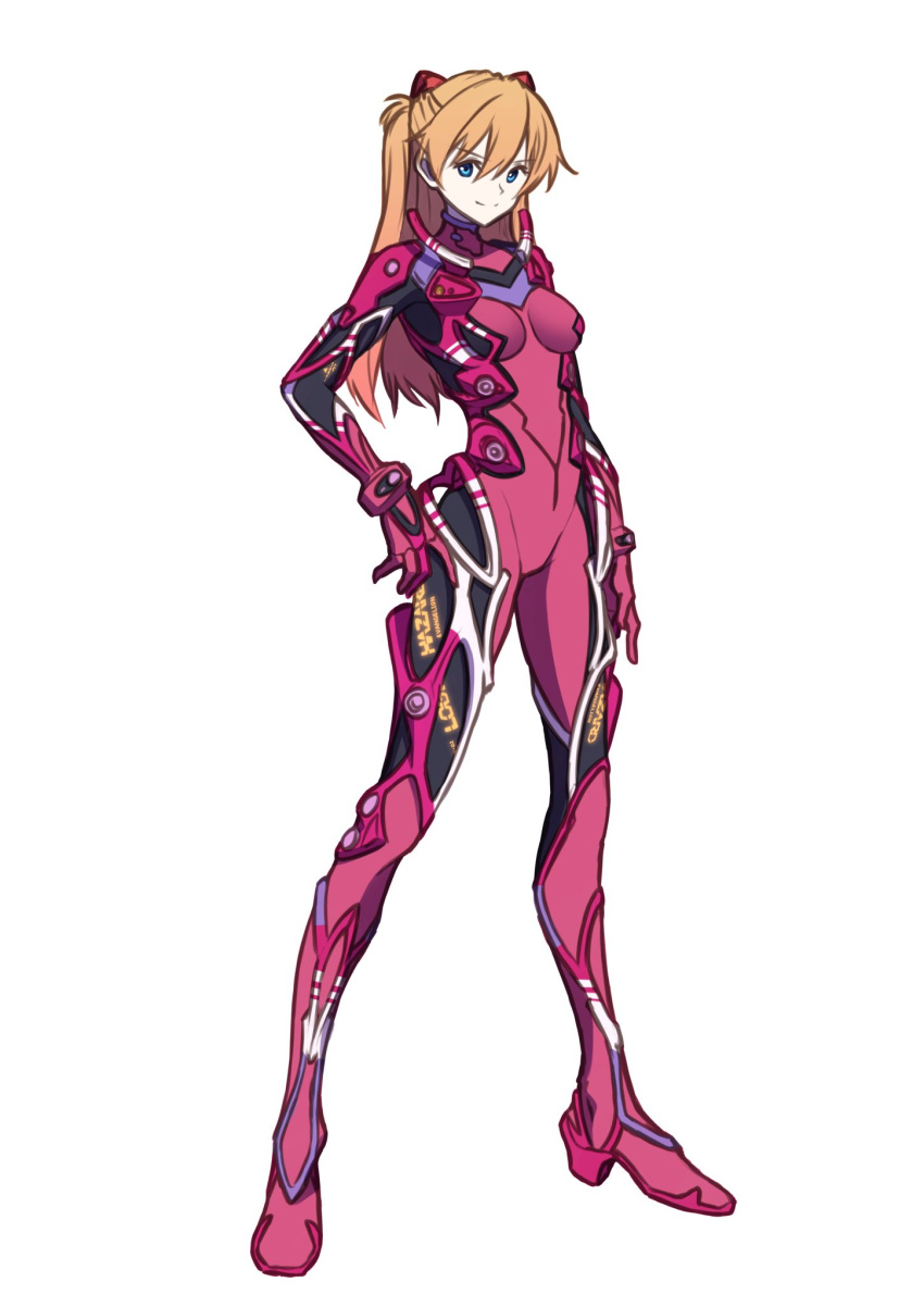 1girl blue_eyes bodysuit breasts full_body hand_on_own_hip highres interface_headset ka_ki_o long_hair looking_at_viewer medium_breasts neon_genesis_evangelion neon_genesis_evangelion_anima orange_hair plugsuit red_bodysuit smile solo souryuu_asuka_langley standing white_background