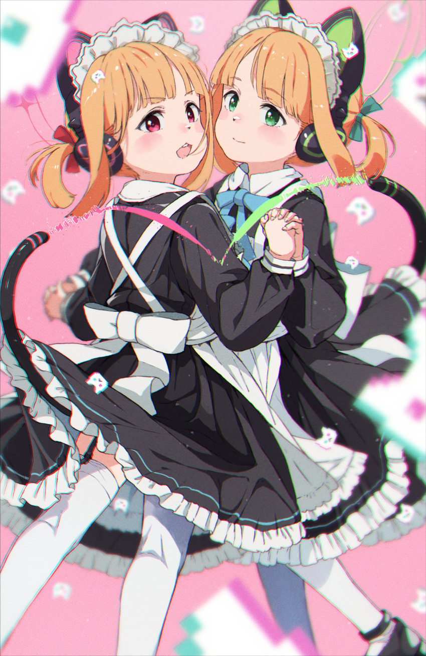 2girls animal_ear_headphones animal_ears apron black_dress black_footwear blonde_hair blue_archive blush cat_tail closed_mouth dress fake_animal_ears frilled_apron frilled_dress frills gomennasai green_eyes green_halo halo headphones highres long_sleeves maid maid_apron maid_headdress midori_(blue_archive) midori_(maid)_(blue_archive) momoi_(blue_archive) momoi_(maid)_(blue_archive) multiple_girls official_alternate_costume open_mouth pink_halo red_eyes shoes short_hair siblings sisters smile tail thigh-highs twins white_apron white_thighhighs