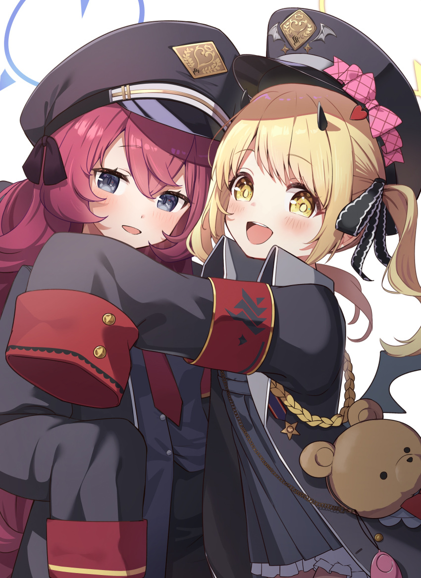 2girls absurdres black_coat black_dress black_horns black_wings blonde_hair blue_archive blue_halo blush coat commission demon_horns demon_wings dress grey_eyes halo hat highres horns ibuki_(blue_archive) iroha_(blue_archive) long_hair looking_at_viewer multiple_girls open_clothes open_coat open_mouth peaked_cap pointy_ears redhead ringopan side_ponytail skeb_commission sleeves_past_fingers sleeves_past_wrists smile wings yellow_eyes yellow_halo