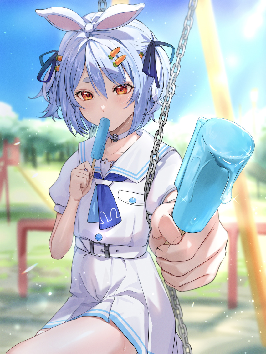 1girl absurdres animal_ears belt blue_hair blue_neckerchief blue_ribbon blue_sky blurry blurry_background carrot_hair_ornament choker clouds commentary_request day dress eating flat_chest food food-themed_hair_ornament hair_ornament hair_ribbon hairclip highres holding holding_food holding_popsicle hololive light_blue_hair light_blush looking_at_viewer medium_hair monokawa_(iurl1z) neckerchief official_alternate_costume orange_eyes outdoors park popsicle puffy_short_sleeves puffy_sleeves rabbit_ears ribbon sailor_collar short_sleeves short_twintails sidelocks sitting sky solo sparkle sunlight swing thick_eyebrows tree twintails usada_pekora usada_pekora_(casual) virtual_youtuber white_belt white_choker white_dress white_sailor_collar