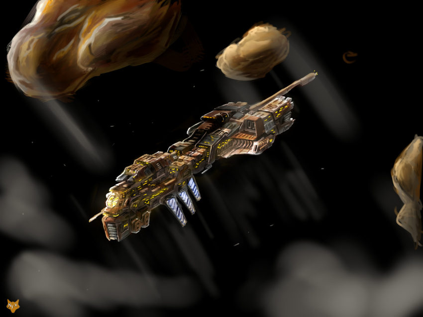 asteroid boulder commentary concept_art dark_background destroyer_(eve_online) eve_online flying glowing highres military_vehicle minmatar_republic_(eve_online) no_humans novafox original outdoors rock science_fiction space spacecraft vehicle_focus