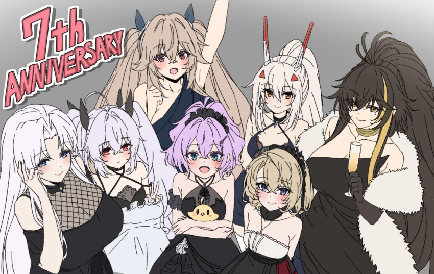 6+girls anchorage_(azur_lane) animal anniversary arm_up ayanami_(azur_lane) ayanami_(nightfall_raiment)_(azur_lane) azur_lane bare_shoulders bird black_bow black_dress black_gloves blonde_hair blue_eyes bow champagne_flute closed_mouth commentary_request crossed_bangs cup dress drinking_glass elbow_gloves frilled_dress frills gloves hair_bow harbin_(azur_lane) high_ponytail holding holding_animal holding_bird holding_cup javelin_(a_different_dance)_(azur_lane) javelin_(azur_lane) jewelry laffey_(azur_lane) laffey_(lazy_days)_(azur_lane) long_hair looking_at_viewer manjuu_(azur_lane) mole mole_under_eye multicolored_hair multiple_girls necklace official_alternate_costume open_mouth parted_bangs purple_hair red_eyes smile streaked_hair wakoudo white_hair yorktown_(azur_lane) yorktown_(evening_i_can't_remember)_(azur_lane) z23_(azur_lane) z23_(tanz_der_blumen)_(azur_lane)