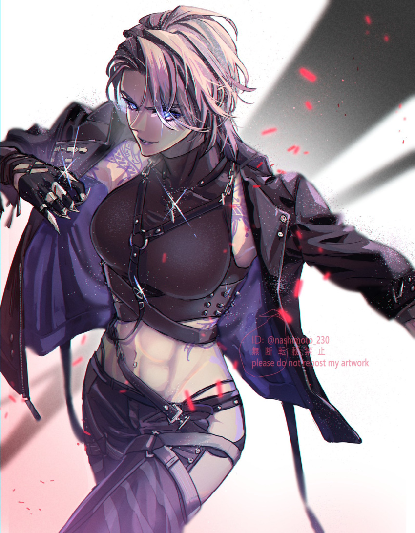 1girl abs arm_tattoo belt black_gloves black_jacket black_pants black_shirt blue_eyes breasts chest_harness commentary_request crop_top finger_claws gloves grey_hair harness highleg highleg_panties highres jacket large_breasts looking_at_viewer medium_hair midriff nashimoto_tsumire open_clothes open_jacket panties pants parted_lips path_to_nowhere shirt shoulder_tattoo sleeveless sleeveless_shirt solo tattoo toned_female underwear white_background zoya_(path_to_nowhere)