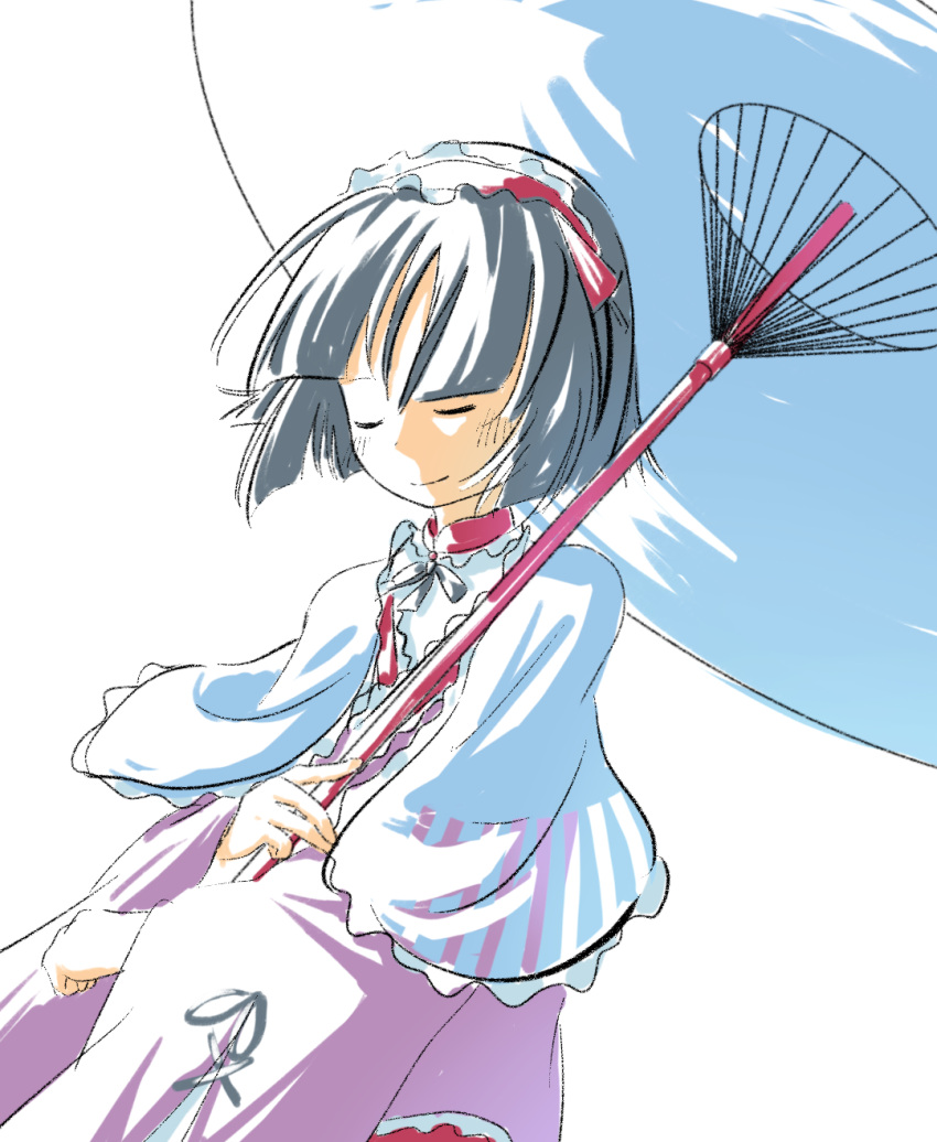 1other adapted_costume amanomiya_jun androgynous baila_kuangzi black_hair black_ribbon capelet closed_eyes closed_mouth highres len'en long_sleeves neck_ribbon other_focus pink_sweater ribbon simple_background solo sweater upper_body white_background white_capelet wide_sleeves