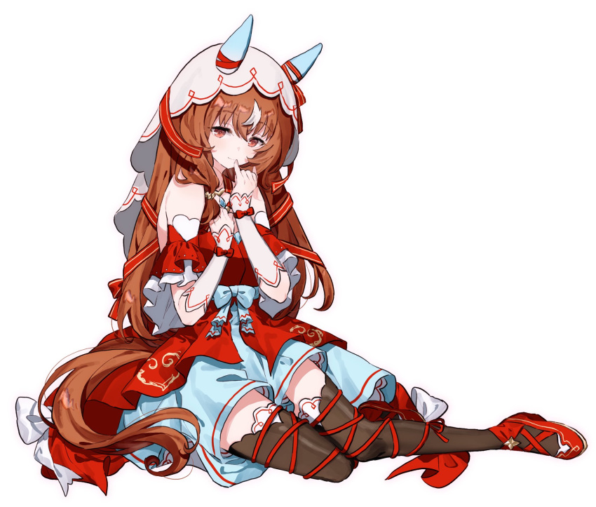 1girl animal_ears arm_garter bare_shoulders black_thighhighs blush breasts brown_hair closed_mouth collarbone commentary_request criss-cross_halter detached_sleeves dress ear_covers full_body hair_between_eyes hair_ornament hair_ribbon halterneck high_heels highres horse_ears horse_girl horse_tail long_hair looking_at_viewer lying migolu parted_lips red_dress red_eyes red_footwear ribbon shoes simple_background sleeveless sleeveless_dress small_breasts smile solo still_in_love_(umamusume) string tail thigh-highs umamusume veil white_background