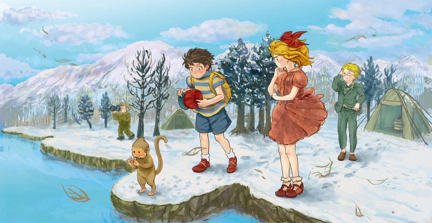 1girl 3boys backpack bag binoculars blonde_hair blue_bow blue_bowtie blue_shorts blue_sky bow bowtie bubble_monkey closed_mouth dress glasses green_jacket green_pants hat holding holding_binoculars holding_clothes holding_hat jacket jeff_andonuts lake monkey mother_(game) mother_2 mountain multiple_boys ness_(mother_2) nicoharico outdoors pants paula_(mother_2) pink_dress red_bow red_footwear shirt shoes short_hair short_sleeves shorts sky snow socks striped_clothes striped_shirt tent tree white_socks winter