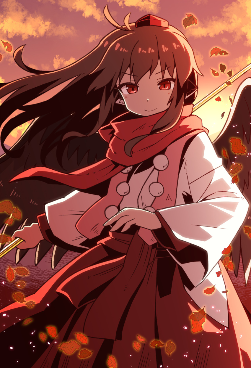1girl animal_ears autumn autumn_leaves brown_hair closed_mouth commentary_request cowboy_shot falling_leaves floating_hair glowing_leaves hat highres holding holding_staff japanese_clothes kimono leaf long_hair looking_at_viewer original outdoors red_eyes red_sash red_scarf red_skirt sash scarf skirt solo staff standing tengu tokin_hat weapon white_kimono yukinagi