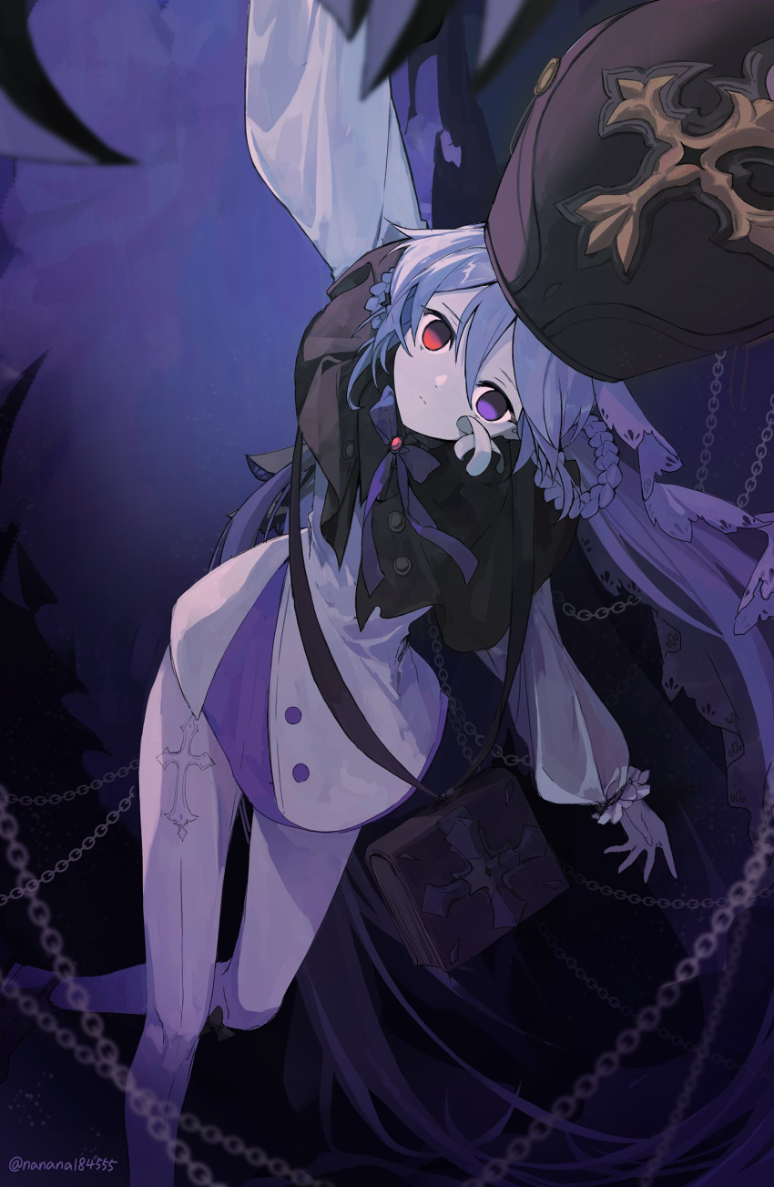 1girl arm_up black_capelet black_hat blank_stare book_holster capelet chain dress dubra_(honkai:_star_rail) empty_eyes expressionless feet_out_of_frame hair_between_eyes hair_rings hat heterochromia highres honkai:_star_rail honkai_(series) leaning_to_the_side long_hair long_sleeves looking_at_viewer mitre neck_ribbon pantyhose purple_hair purple_pantyhose red_eyes ribbon solo soomlyde22 very_long_hair violet_eyes white_dress
