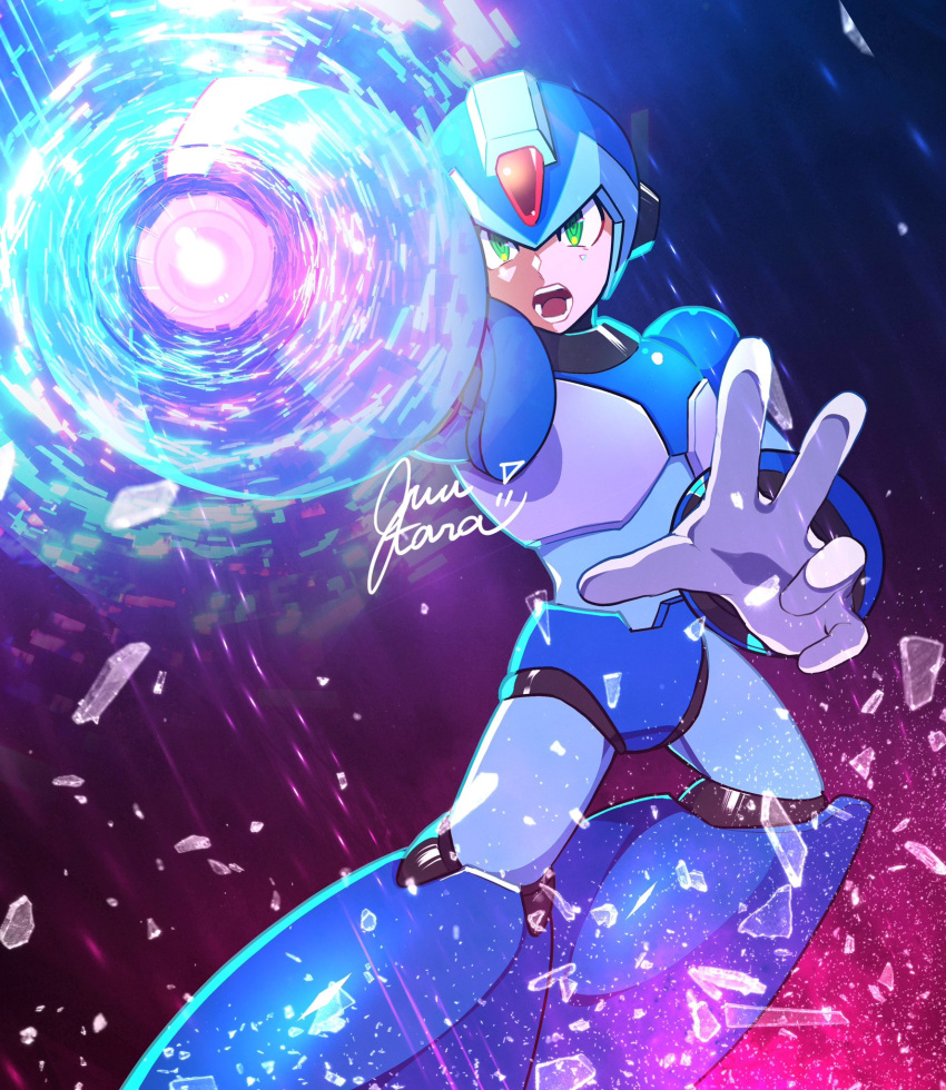 1boy android arm_cannon armor blue_armor blue_helmet commentary_request dark_background energy_cannon feet_out_of_frame firing glass_shards gradient_background green_eyes guutara highres male_focus mega_man_(series) mega_man_x_(series) powering_up shoulder_armor signature solo weapon x_(mega_man)