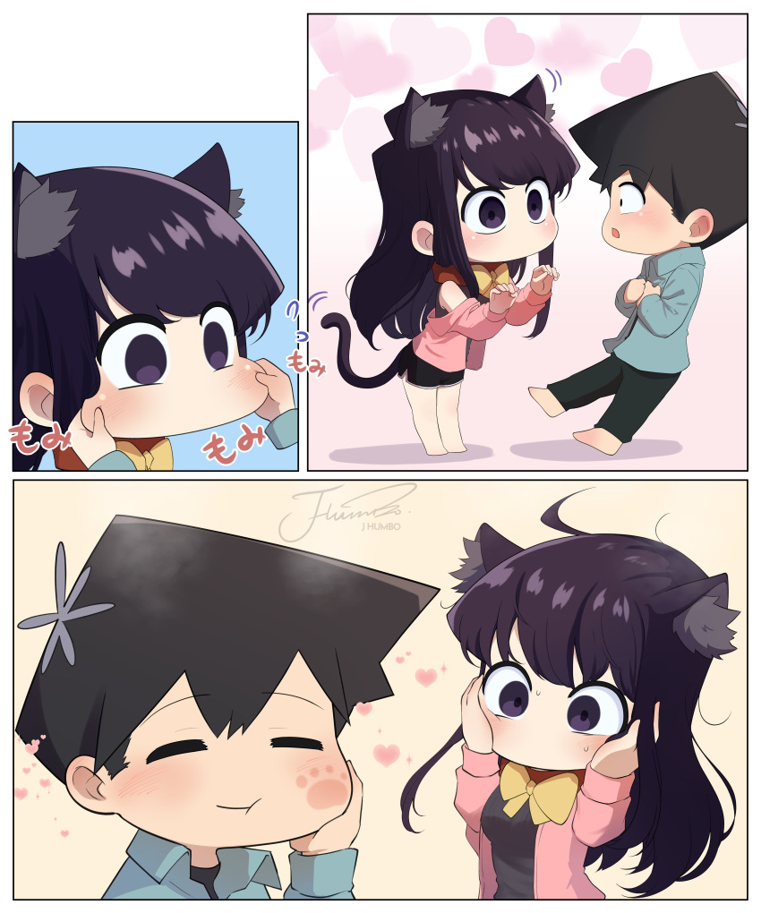 1boy 1girl absurdres animal_ear_fluff animal_ears artist_name barefoot black_hair black_shorts blue_background bow bowtie breasts cardigan cat_ears cat_tail cheek_pinching chibi closed_mouth collared_shirt commentary eye_contact flower gradient_background hair_flower hair_ornament hands_on_own_cheeks hands_on_own_face hands_up heart highres j_humbo kemonomimi_mode komi-san_wa_komyushou_desu komi_shouko leaning_forward long_hair looking_at_another medium_breasts motion_lines no_mouth no_nose open_cardigan open_clothes open_mouth paw_pose pinching pink_background pink_cardigan purple_hair shirt short_hair short_shorts shorts signature slap_mark slap_mark_on_face sweat swept_bangs tadano_hitohito tail very_long_hair violet_eyes yellow_bow yellow_bowtie