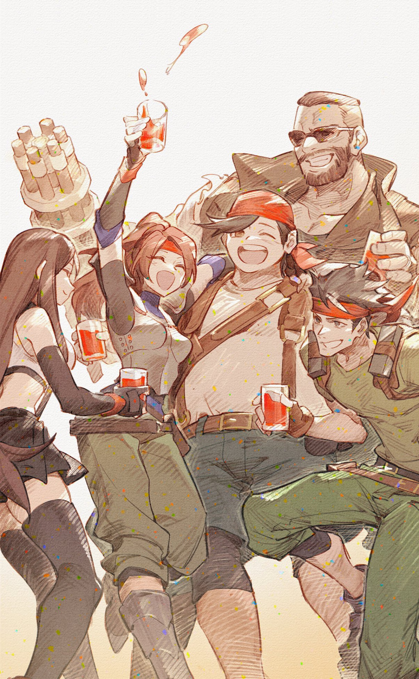 2girls 3boys alcohol arm_cannon arm_up armor bandana bare_shoulders barret_wallace biggs_(ff7) black_gloves black_hair black_skirt black_thighhighs blue_shorts boots breastplate breasts brown_hair brown_vest closed_eyes collarbone commentary crop_top crow0cc cup dark-skinned_male dark_skin drink elbow_gloves facial_hair fat feet_out_of_frame final_fantasy final_fantasy_vii final_fantasy_vii_rebirth final_fantasy_vii_remake fingerless_gloves gloves green_shirt grin headband high_ponytail highres holding holding_cup jessie_rasberry long_hair medium_breasts multiple_boys multiple_girls one_eye_closed open_mouth red_bandana red_headband shirt short_hair shorts skirt smile sunglasses suspender_skirt suspenders symbol-only_commentary tank_top thigh-highs tifa_lockhart very_short_hair vest weapon wedge_(ff7) white_shirt white_tank_top