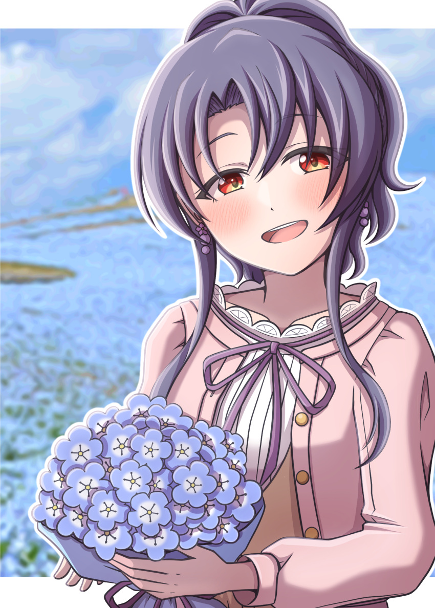 1girl :d black_hair blue_flower blurry blurry_background blush bouquet brown_vest collarbone curtained_hair earrings field flower flower_earrings flower_field ganbarai highres holding holding_bouquet idolmaster idolmaster_million_live! idolmaster_million_live!_theater_days jewelry lace-trimmed_shirt lace_trim letterboxed looking_at_viewer medium_hair no_eyewear open_mouth outline outside_border pink_shirt red_eyes shirt sidelocks smile solo takayama_sayoko teeth upper_body upper_teeth_only vest white_outline white_shirt