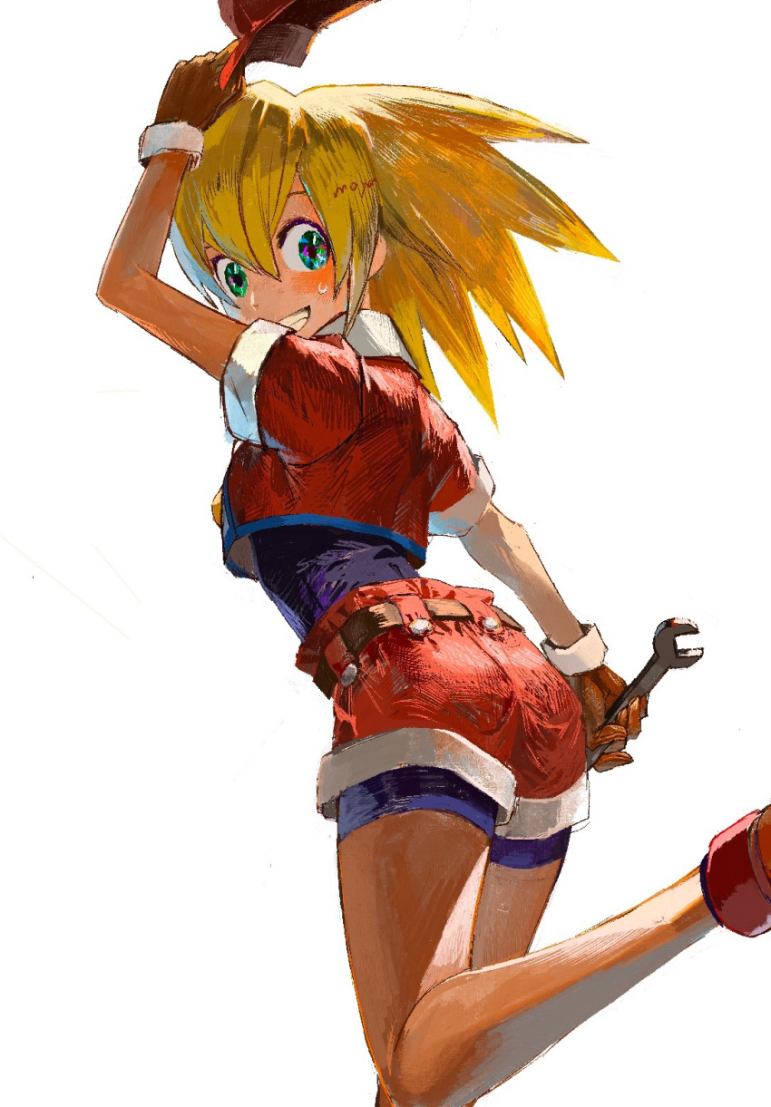 1girl arm_up belt bike_shorts bike_shorts_under_shorts blonde_hair blush brown_gloves cairngorm999 commentary_request cropped_jacket gloves green_eyes grin hat highres holding holding_wrench jacket looking_at_viewer looking_back medium_hair mega_man_(series) mega_man_legends mega_man_legends_(series) red_hat red_jacket red_shorts roll_caskett_(mega_man) short_sleeves shorts smile spandex sweatdrop white_background wrench