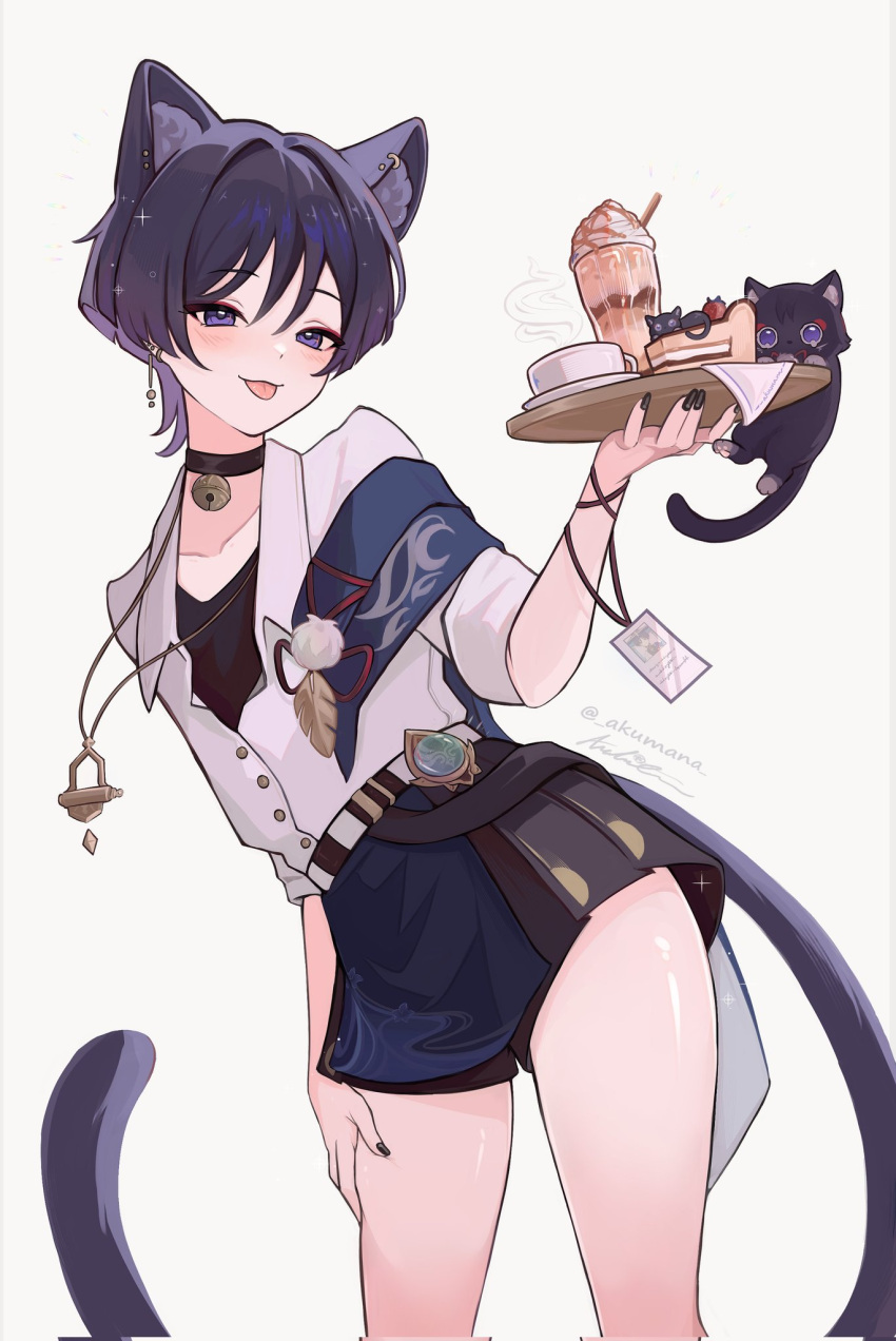 1boy akumana animal_ears bell bishounen black_cat cat cat_boy cat_ears cat_tail cowboy_shot genshin_impact highres jewelry jingle_bell male_focus necklace purple_hair scaramouche_(cat)_(genshin_impact) scaramouche_(genshin_impact) shirt short_hair simple_background solo tail tongue tongue_out violet_eyes vision_(genshin_impact) wanderer_(genshin_impact) white_background white_shirt
