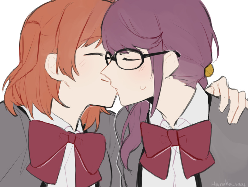 2girls aijou_karen artist_name bow bowtie closed_eyes closed_mouth commentary english_commentary glasses grey_jacket hand_on_another's_shoulder haruka_3442 highres hoshimi_junna jacket kiss multiple_girls one_side_up orange_hair purple_hair red_bow red_bowtie seishou_music_academy_uniform shirt shoujo_kageki_revue_starlight simple_background sweatdrop upper_body white_background white_shirt yuri