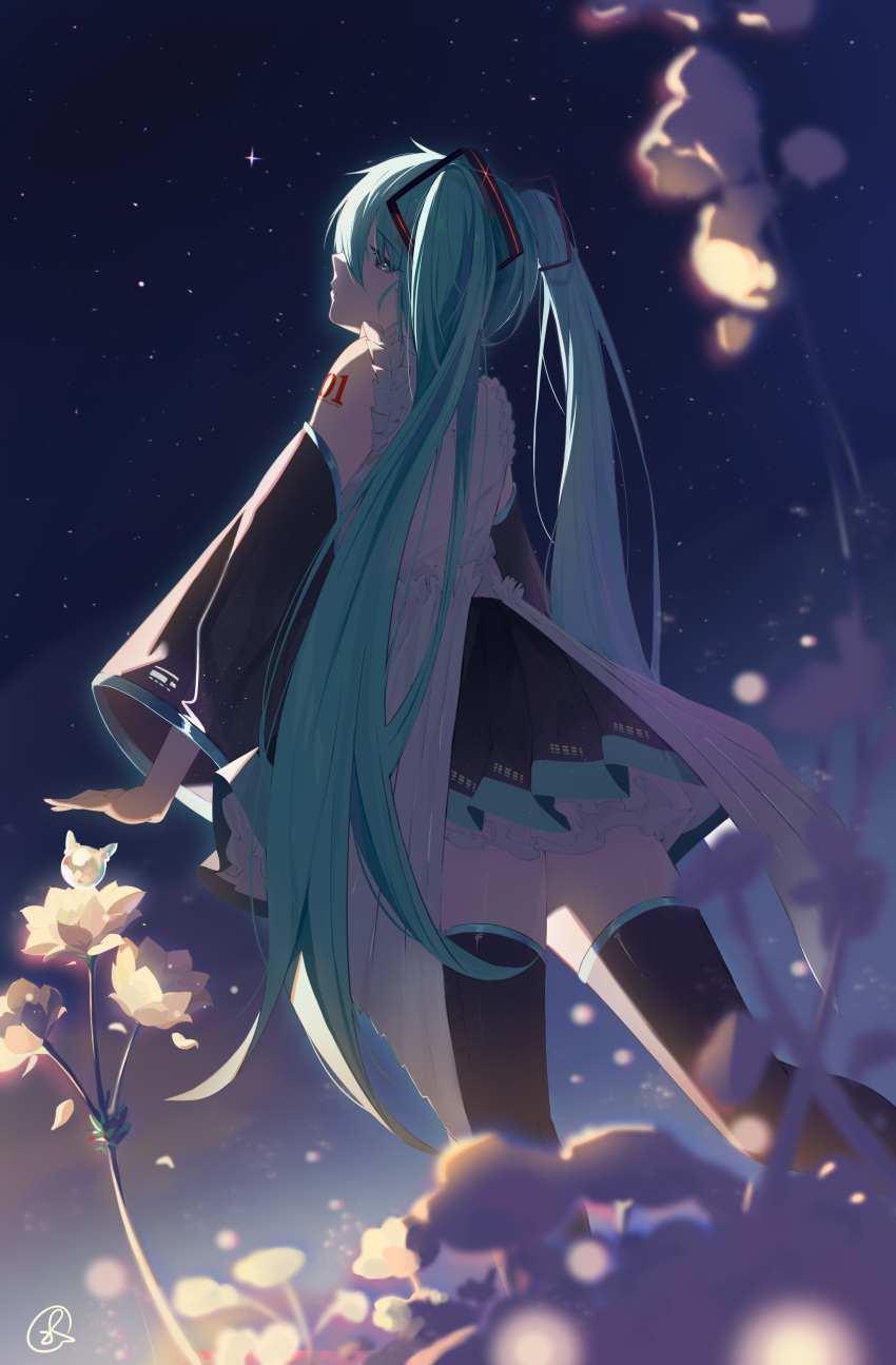 1girl absurdres aqua_eyes aqua_hair black_skirt black_sleeves black_thighhighs blurry blurry_foreground commentary_request detached_sleeves dutch_angle flower frilled_shirt frills from_behind hair_between_eyes hatsune_miku head_back highres layered_skirt long_hair looking_back miniskirt night night_sky number_tattoo outdoors outstretched_arm parted_lips pleated_skirt shirt shoulder_tattoo signature skirt sky solo standing star_(sky) tattoo thigh-highs twintails user_dmn7126 very_long_hair vocaloid white_flower white_shirt wide_sleeves zettai_ryouiki