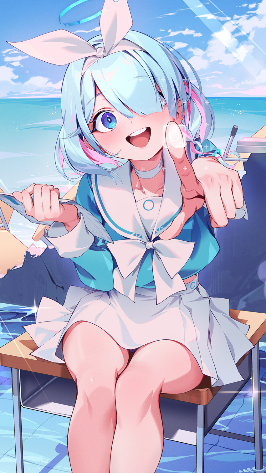 1girl :d arona_(blue_archive) blue_archive blue_eyes blue_hair blue_halo blue_serafuku blue_shirt blue_sky braid choker clouds collarbone colored_inner_hair commentary day hair_over_one_eye hairband halo highres holding holding_paper horizon kainown long_sleeves looking_at_viewer multicolored_hair open_mouth outdoors paper pink_hair sailor_collar school_uniform serafuku shirt single_braid sitting sitting_on_table skirt sky smile solo table teeth thighs two-tone_hair upper_teeth_only water white_choker white_hairband white_sailor_collar white_skirt