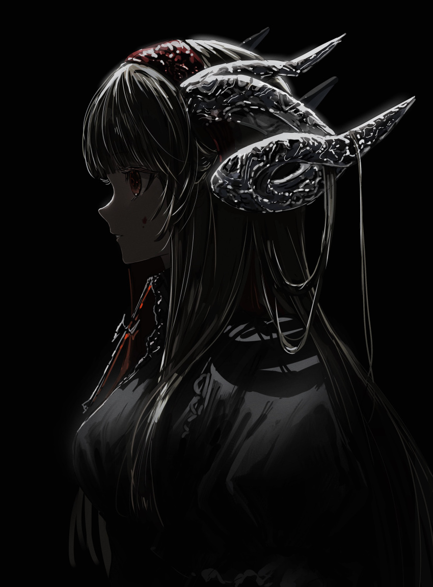 1girl absurdres arms_at_sides black_hair black_shirt blood blood_on_face blunt_bangs breasts dark gawako hairband highres horns large_breasts looking_ahead original parted_lips profile red_eyes red_hairband shirt sidelocks solo teeth upper_body