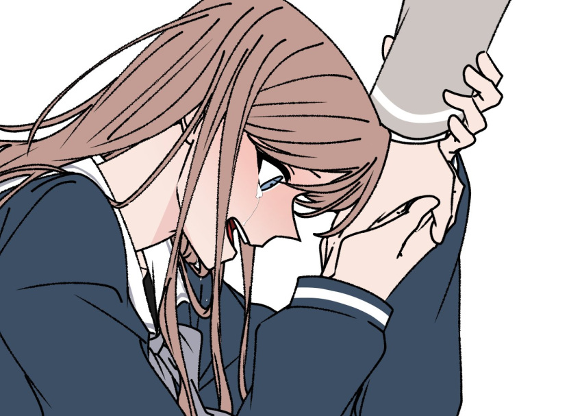 2girls a_jak bang_dream! bang_dream!_it's_mygo!!!!! blue_eyes blue_shirt brown_hair chihaya_anon crying crying_with_eyes_open grey_jacket haneoka_school_uniform holding_another's_wrist holding_hands jacket kneeling long_hair long_sleeves multiple_girls nagasaki_soyo open_mouth school_uniform shirt sidelocks simple_background tears teeth tsukinomori_school_uniform upper_teeth_only white_background