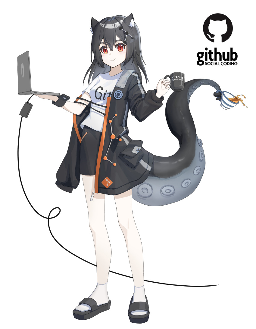 1girl absurdres animal_ears bare_legs black_hair black_jacket black_shorts cable cat_ears cat_girl commentary computer copyright_name cup english_text full_body git github hair_between_eyes hair_ornament highres holding holding_cup holding_laptop jacket laptop logo long_hair looking_at_viewer monster_girl octocat open_clothes open_jacket personification phonetik red_eyes sandals scylla shirt shorts simple_background socks solo spilling t-shirt tentacles white_background white_shirt