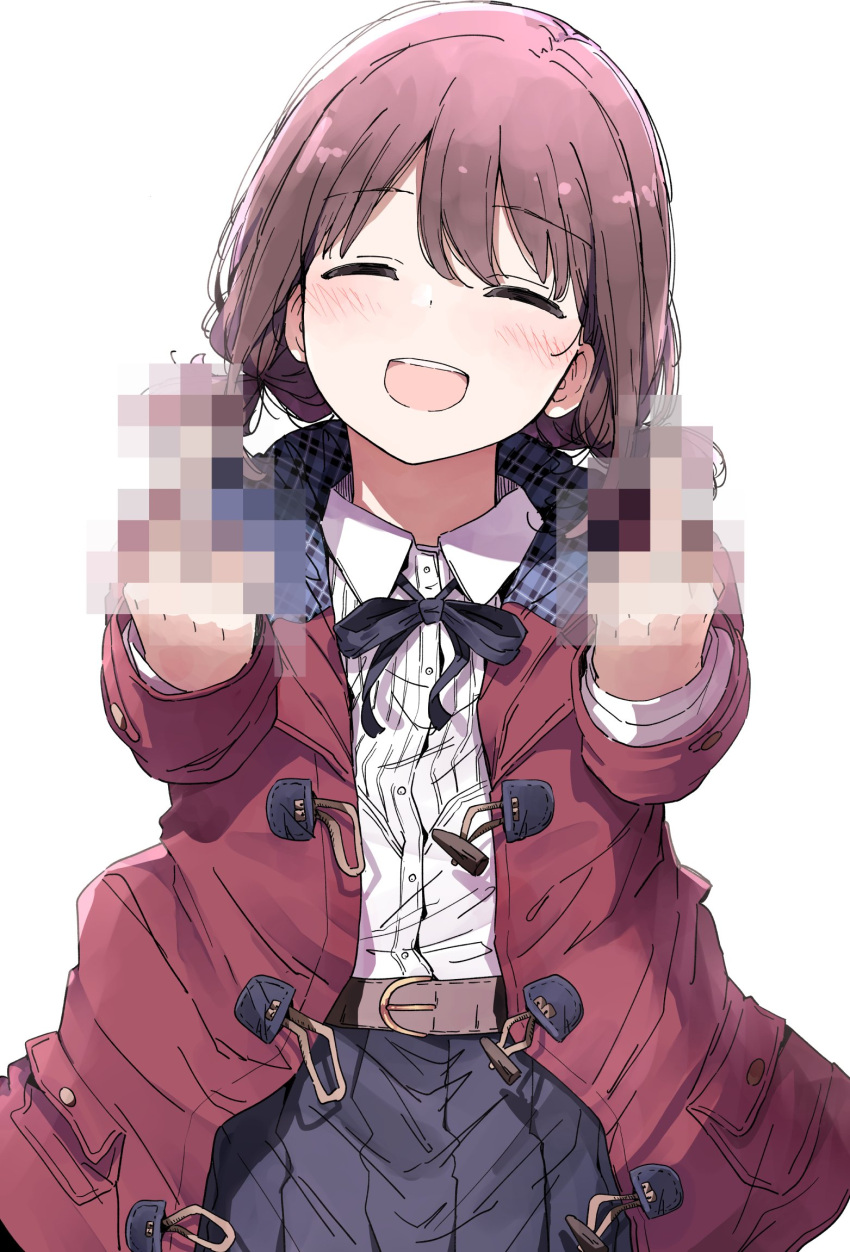 1girl belt belt_buckle blue_ribbon blue_skirt blush brown_belt brown_hair buckle censored closed_eyes coat collared_shirt double_middle_finger dress_shirt girls_band_cry highres iseri_nina low_twintails middle_finger mosaic_censoring neck_ribbon nyoijizai open_clothes open_coat open_mouth pleated_skirt red_coat ribbon shirt short_hair short_twintails simple_background skirt smile solo teeth twintails unmoving_pattern upper_teeth_only white_background white_shirt