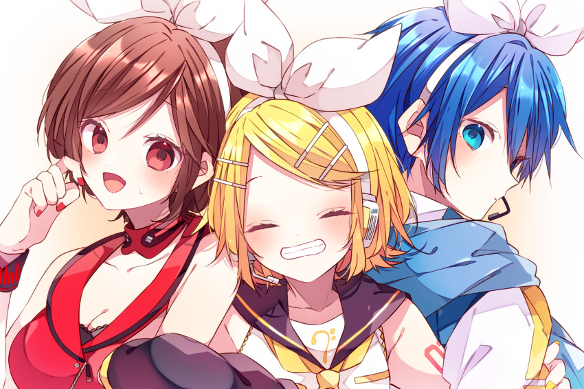 1boy 2girls black_sailor_collar blonde_hair blue_eyes blue_hair blue_scarf blush breasts brown_hair closed_eyes closed_mouth crop_top earpiece hair_ribbon headphones kagamine_rin kaho_0102 kaito_(vocaloid) long_sleeves looking_at_viewer looking_back medium_breasts meiko_(vocaloid) multiple_girls number_tattoo open_mouth red_eyes red_nails red_shirt ribbon sailor_collar scarf shirt short_hair sleeveless tattoo vocaloid white_ribbon white_shirt yellow_nails