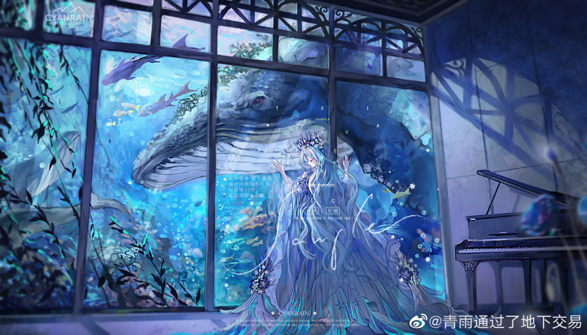 1girl absurdres black_crown_(object) blue_dress blue_hair blue_sleeves bubble closed_eyes commentary coral crown dress fish from_behind full_body hand_on_window highres indoors instrument long_dress long_hair long_sleeves original piano plant potted_plant qingyu_tongguo_le_dixia_jiao_yi sample_watermark symbol-only_commentary very_long_hair watermark weibo_logo weibo_username whale wide_sleeves window