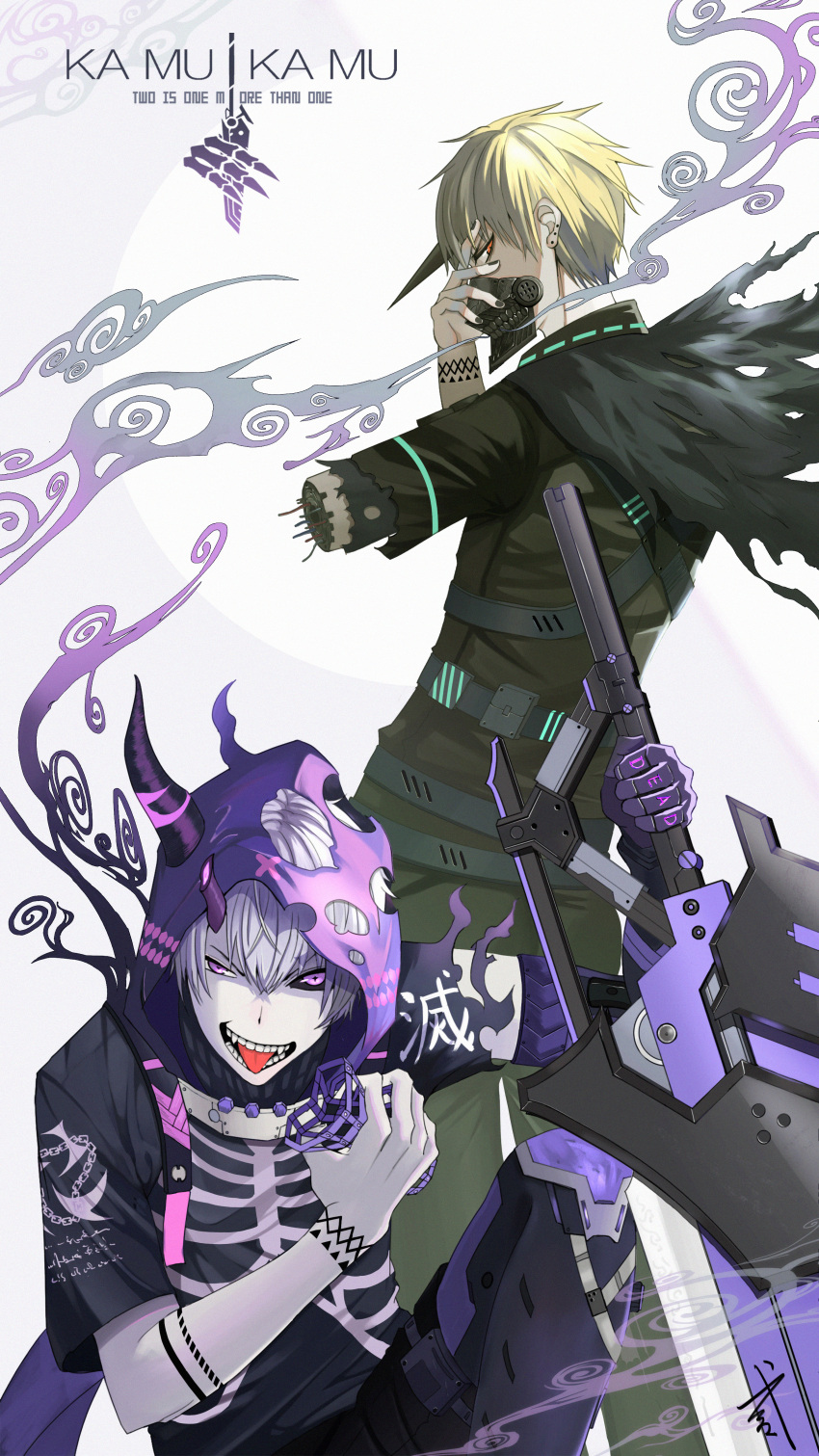 2boys absurdres amputee arm_tattoo black_cape black_horns black_sclera black_shirt blonde_hair camu_(punishing:_gray_raven) cape character_name colored_sclera er_du_mian grey_hair hair_between_eyes hand_on_own_face highres holding holding_weapon horns huge_weapon kamui_(punishing:_gray_raven) mask mismatched_sclera mouth_mask multiple_boys open_mouth punishing:_gray_raven purple_hood purple_horns red_eyes shirt short_hair short_sleeves single_horn tattoo tongue tongue_out violet_eyes weapon