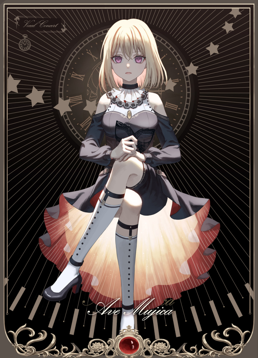 1girl ascot bang_dream! bang_dream!_it's_mygo!!!!! black_background black_dress black_footwear black_shorts blonde_hair chinese_commentary clock closed_mouth clothing_cutout commentary_request cursive dress english_text expressionless full_body high_heels highres invisible_chair kneehighs long_sleeves medium_hair misumi_uika shorts shoulder_cutout sitting socks solo star_(symbol) violet_eyes white_ascot white_socks xukong