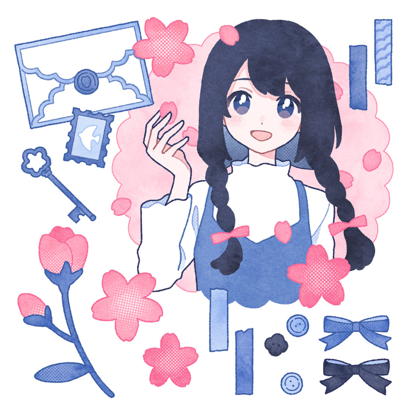 1girl :d between_fingers black_bow black_hair blush bow cherry_blossoms commentary envelope flower hair_bow halftone hand_up highres holding holding_petal key long_hair long_sleeves looking_at_viewer nahara_saki open_mouth original petals pink_bow pink_flower postage_stamp purple_bow purple_vest shirt simple_background smile solo symbol-only_commentary vest violet_eyes white_background white_shirt