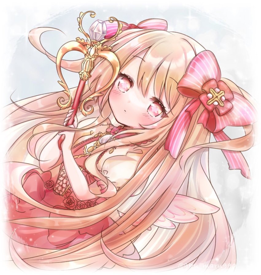 1girl 9ku_maru990 bad_id bad_twitter_id blonde_hair chaos_marie_(grimms_notes) flower frills grimms_notes hair_ribbon highres holding holding_wand holding_weapon long_hair pink_eyes ribbon rose solo upper_body wand weapon wings