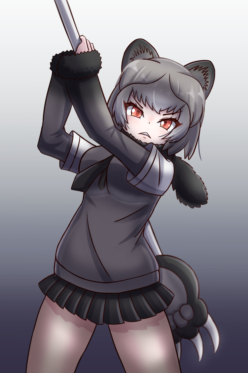 1girl absurdres animal_ears bear_ears bear_girl cardigan equalarrow extra_ears grey_background grey_hair grizzly_bear_(kemono_friends) highres kemono_friends looking_at_viewer necktie red_eyes scarf shirt short_hair simple_background skirt solo weapon