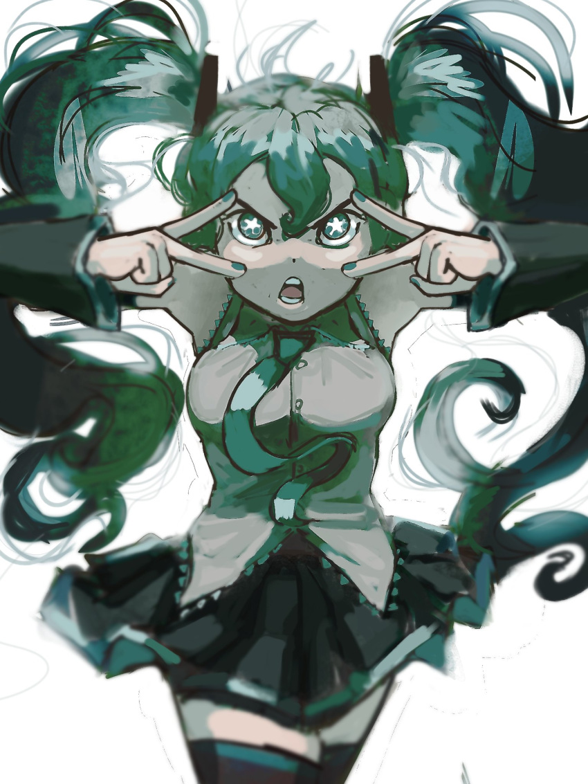 1girl aqua_eyes aqua_hair aqua_nails aqua_necktie black_skirt black_sleeves detached_sleeves double_v hair_ornament hatsune_miku highres kingyey16 long_hair looking_at_viewer necktie open_mouth pleated_skirt portuguese_commentary skirt solo star-shaped_pupils star_(symbol) symbol-shaped_pupils teeth twintails v v-shaped_eyebrows vocaloid white_background