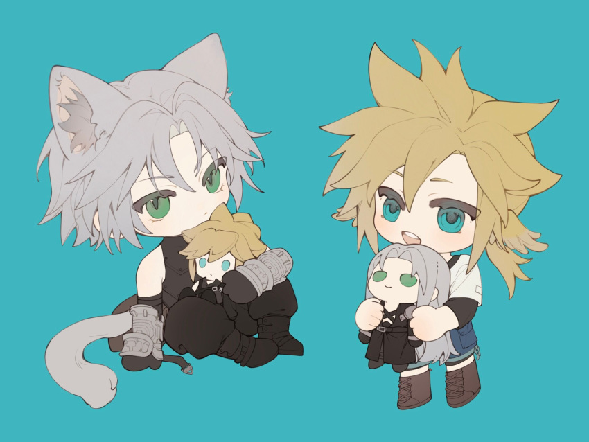 2boys aged_down animal_ears armor black_footwear black_gloves black_pants blonde_hair blue_background boots brown_footwear chibi chibi_only cloud_strife final_fantasy final_fantasy_vii final_fantasy_vii_ever_crisis gloves green_eyes grey_hair happy highres holding holding_stuffed_toy hugging_doll hugging_object low_ponytail male_focus maomaoyu multiple_boys open_mouth pants sephiroth shirt short_hair shorts sleeveless sleeveless_turtleneck smile spiky_hair stuffed_toy tail teeth turtleneck upper_teeth_only white_shirt
