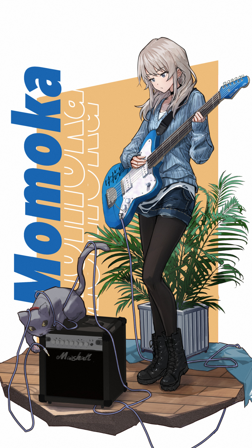 1girl absurdres amplifier black_choker black_footwear black_pantyhose blue_shorts blue_sweater boots cat character_name choker closed_mouth collarbone commentary earclip full_body girls_band_cry grey_eyes grey_hair highres holding holding_instrument instrument kawaragi_momoka long_hair long_sleeves pantyhose pantyhose_under_shorts plant potted_plant sakiruo46 shirt shorts sidelocks sleeves_past_wrists solo standing sweater white_background white_shirt