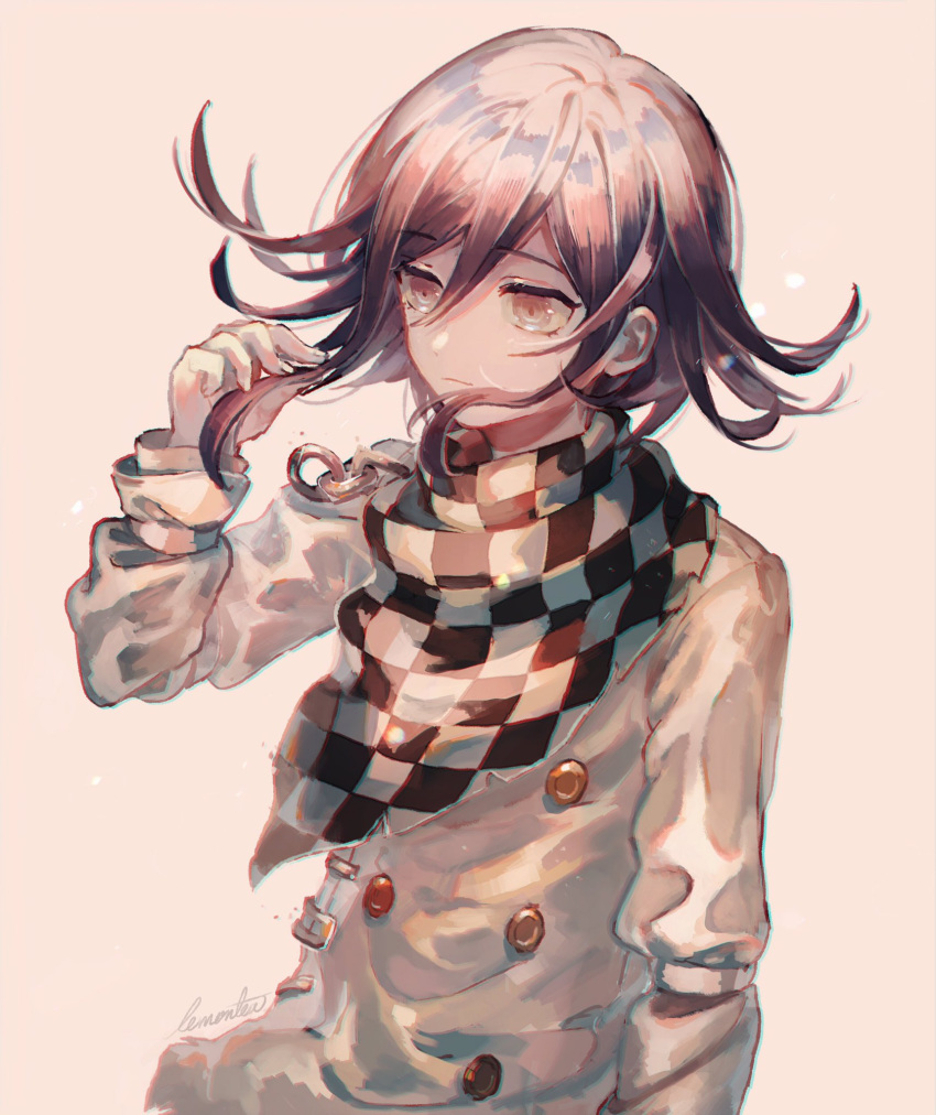 1boy arm_belt belt black_scarf brown_background buttons chain checkered_clothes checkered_scarf closed_mouth commentary_request danganronpa_(series) danganronpa_v3:_killing_harmony double-breasted expressionless fingernails highres holding holding_hair jacket layered_sleeves lemontea light_frown light_particles long_sleeves looking_at_hand male_focus multicolored_buttons oma_kokichi purple_hair scarf short_hair_with_long_locks signature simple_background sleeve_garter solo two-tone_scarf upper_body violet_eyes white_belt white_jacket white_scarf