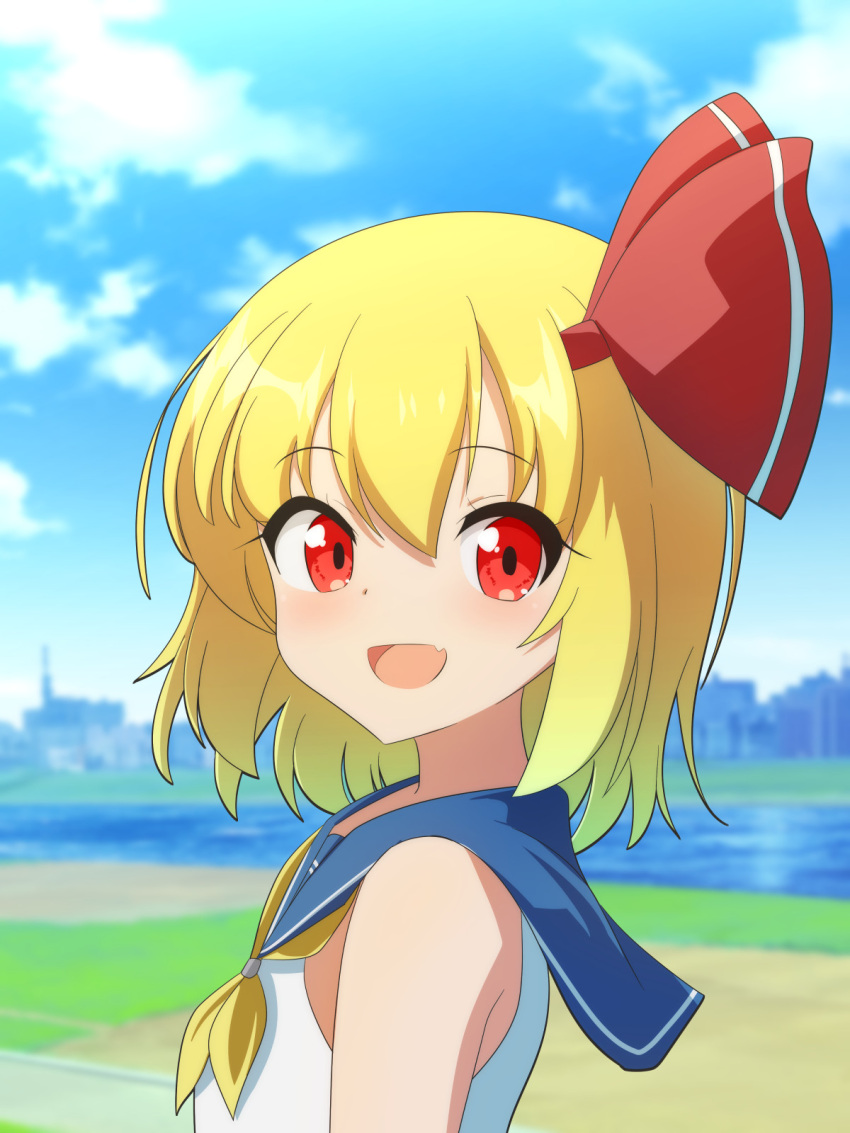 1girl blonde_hair blurry blurry_background cato_(monocatienus) city clouds commentary fang flat_chest from_side hair_ribbon highres looking_at_viewer looking_to_the_side open_mouth outdoors red_eyes ribbon river rumia school_uniform serafuku short_hair sky sleeveless solo touhou upper_body water