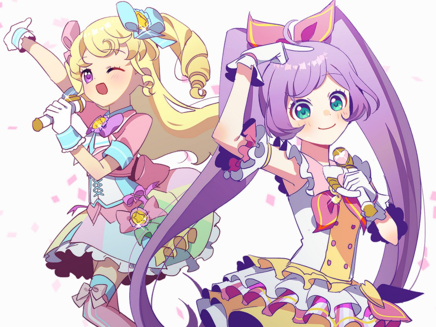 2girls ;d ahoge arm_up blonde_hair blue_bow bow commentary_request dress frilled_dress frills gloves green_eyes haepali hair_bow highres holding holding_microphone idol idol_clothes idol_time_pripara long_hair looking_at_viewer manaka_laala microphone multiple_girls one_eye_closed open_mouth outstretched_arm pink_bow pink_thighhighs pretty_series pripara purple_hair ringlets simple_background sleeveless sleeveless_dress smile standing thigh-highs twintails two_side_up very_long_hair violet_eyes white_background white_gloves yumekawa_yui