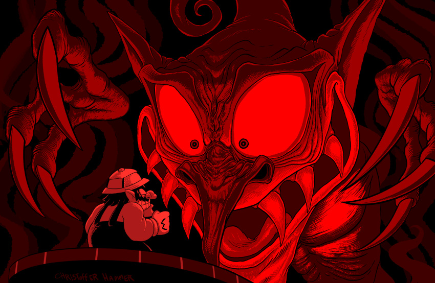 1boy big_nose claws clenched_hand demon demon_head facial_hair fangs gloves helmet highres mickeymonster monster mustache overalls pith_helmet pointy_ears red_theme shirt virtual_boy_wario_land wario wario_land