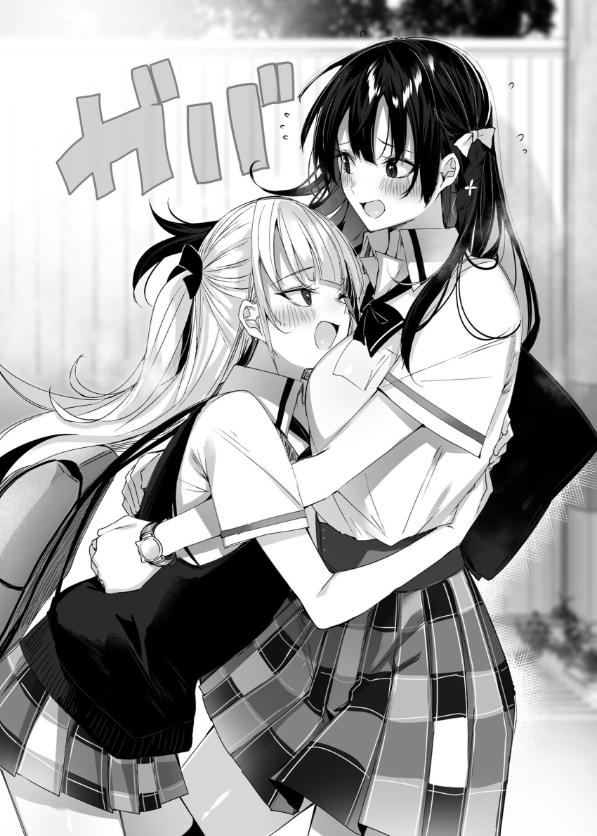 2girls bag blurry blurry_background bow bowtie breasts cardigan collared_shirt commentary_request depth_of_field face_to_breasts flying_sweatdrops greyscale hair_bow highres hitotsuba_kaede hug kakao_(chocolate_land) large_breasts long_hair miyamoto_yui monochrome multiple_girls novel_illustration official_art open_mouth outdoors plaid plaid_skirt ryoushin_no_shakkin school_bag school_uniform shiny_skin shirt skirt thigh-highs translation_request two_side_up watch watch wing_collar zettai_ryouiki