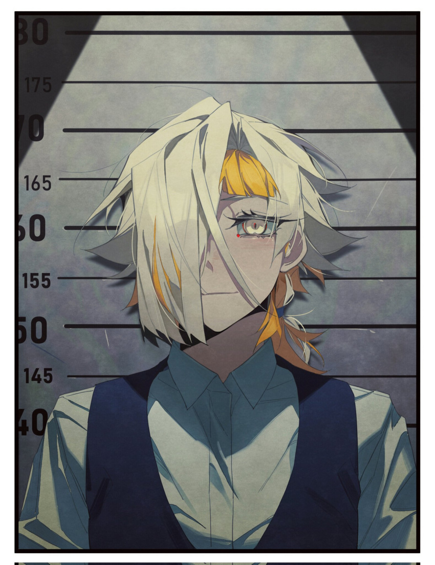 1girl black_vest blonde_hair border closed_mouth collared_shirt commentary_request corrupted_twitter_file dress_shirt hair_over_one_eye height_mark highres kromer_(project_moon) limbus_company long_hair looking_at_viewer mugshot multicolored_hair one_eye_covered project_moon shirt shouzuo solo two-tone_hair vest white_border white_hair white_shirt wing_collar yellow_eyes