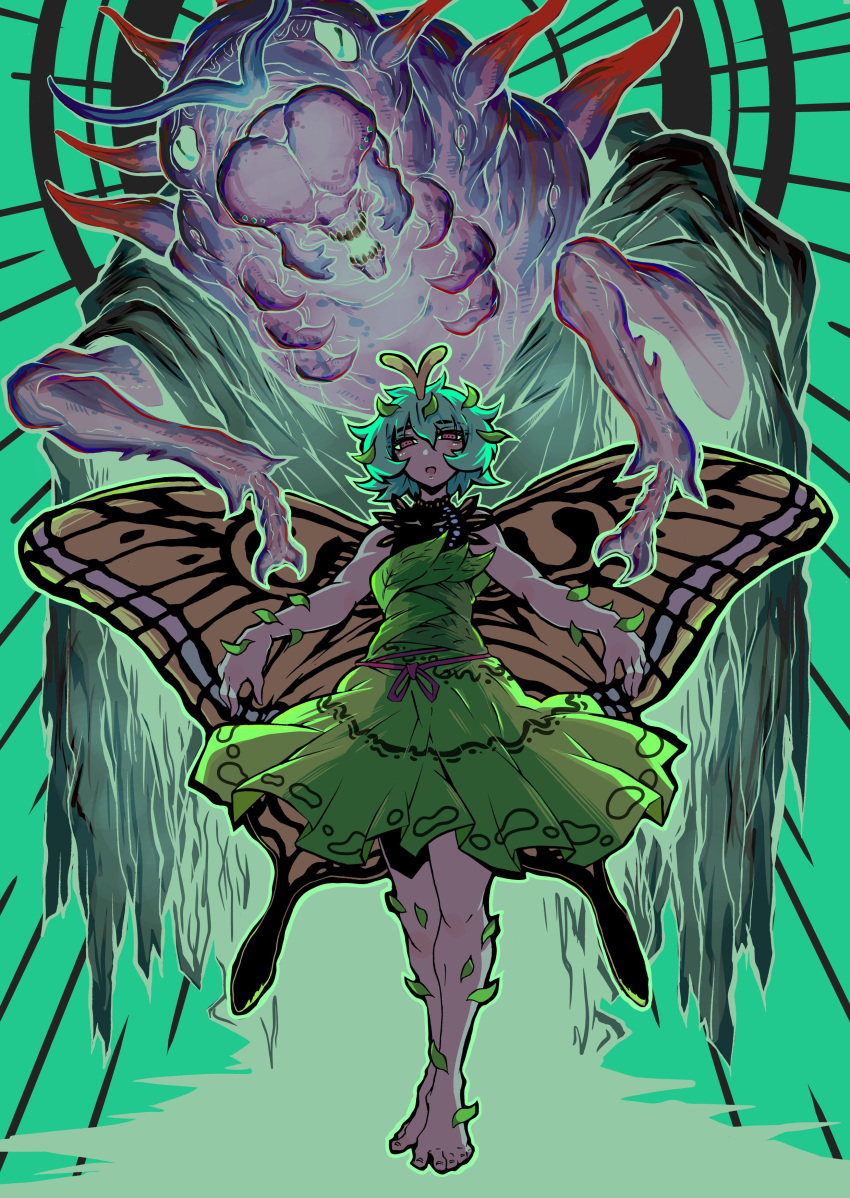 1girl absurdres animal antennae aqua_hair barefoot bug butterfly_wings dress eternity_larva fairy full_body green_dress hair_between_eyes highres insect_wings leaf leaf_on_head looking_at_viewer multicolored_clothes multicolored_dress nehitsuji_(syatihokoga) open_mouth red_eyes short_hair sleeveless sleeveless_dress solo toes touhou wings