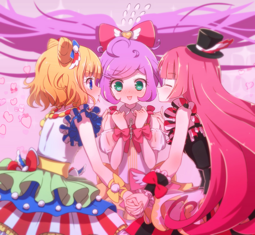 3girls :d absurdres ahoge bad_id bad_pixiv_id blonde_hair blue_eyes blunt_bangs blush bow closed_eyes commentary_request cone_hair_bun detached_sleeves double_bun dress facing_another floating_hair flying_sweatdrops girl_sandwich green_eyes hair_bow hair_bun hands_up heart highres hojo_sophy holding_hands idol_clothes imminent_kiss long_hair manaka_laala minami_mirei multicolored_clothes multicolored_dress multiple_girls nervous_smile nose_blush open_mouth pink_background pink_bow pretty_series pripara profile puffy_detached_sleeves puffy_sleeves purple_hair redhead ruru_ashihara sandwiched short_hair smile standing treble_clef twintails very_long_hair yuri