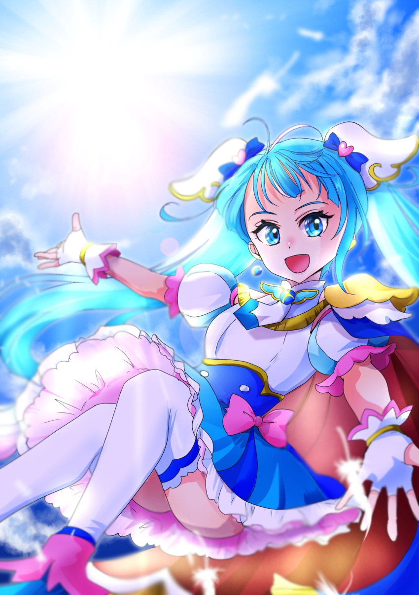 1girl ankle_boots blue_cape blue_dress blue_eyes blue_footwear blue_hair blue_sky boots bow brooch cape clouds cloudy_sky cure_sky cut_bangs day detached_sleeves dress dress_bow earclip earrings feathers fingerless_gloves floating frilled_dress frills gloves highres hirogaru_sky!_precure jewelry long_hair looking_at_viewer magical_girl manekineko5319 open_mouth outdoors outstretched_arms pink_bow precure puffy_detached_sleeves puffy_sleeves red_cape short_dress single_earring single_sidelock sky sleeveless sleeveless_dress smile solo sora_harewataru spread_arms thigh-highs twintails two-sided_cape two-sided_fabric two-tone_dress very_long_hair white_dress white_gloves white_thighhighs wing_brooch wing_hair_ornament