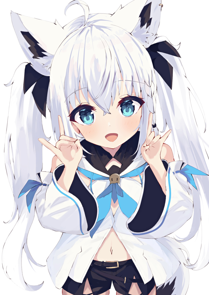 1girl ahoge animal_ear_fluff animal_ears belt black_shorts blue_eyes detached_sleeves double_fox_shadow_puppet fox_ears fox_girl fox_shadow_puppet fox_tail highres hololive long_hair looking_at_viewer natsuki_(natsu_1936) navel open_mouth ribbon shirakami_fubuki shirakami_fubuki_(1st_costume) shirt short_shorts shorts smile solo tail twintails virtual_youtuber white_hair white_shirt white_sleeves