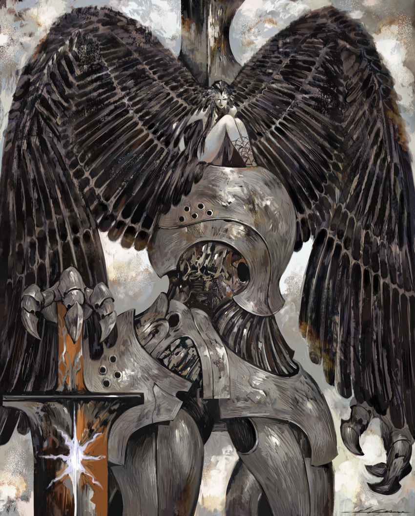 1girl armor brown_feathers brown_wings feathers highres jingliang_j large_wings leg_armor original planted planted_sword sitting sword weapon wings