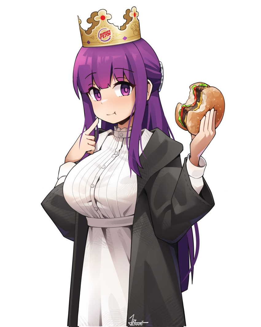 1girl black_robe brand_name_imitation breasts burger burger_king closed_mouth commentary corrupted_twitter_file dress eating fern_(sousou_no_frieren) food highres holding holding_food hood hood_down hooded_robe index_finger_raised jestami large_breasts long_hair long_sleeves looking_at_viewer paper_crown purple_hair robe signature simple_background smile solo sousou_no_frieren violet_eyes white_background white_dress