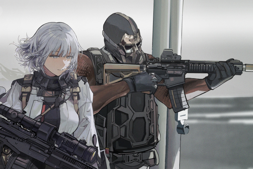 1girl ai-assisted assault_rifle black_gloves breasts call_of_duty call_of_duty:_modern_warfare_3 closed_mouth commentary crossover english_commentary gas_mask girls_frontline gloves grey_eyes grey_hair gun highres holding holding_gun holding_weapon johnny63129616 light_machine_gun light_smile long_sleeves mask rifle rpk-16 rpk-16_(girls'_frontline) scope short_hair tactical_clothes upper_body weapon