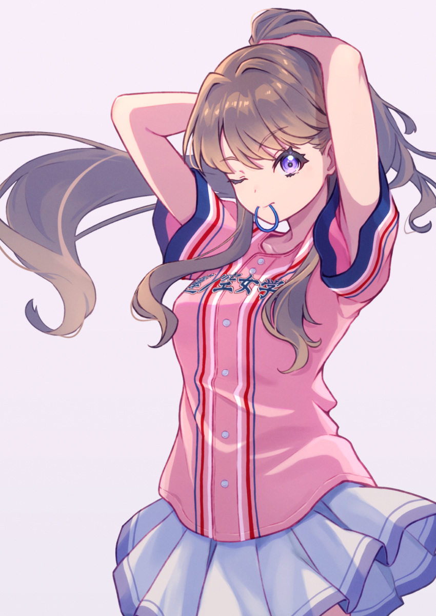 1girl baseball_jersey brown_hair character_name closed_mouth cropped fujishima_megumi full_body hair_over_shoulder hair_tie_in_mouth highres link!_like!_love_live! long_hair looking_at_viewer love_live! macken miniskirt mouth_hold one_eye_closed pink_shirt pleated_skirt ponytail raised_eyebrow shirt shoes short_sleeves skirt smile solo swept_bangs tying_hair violet_eyes white_background white_skirt