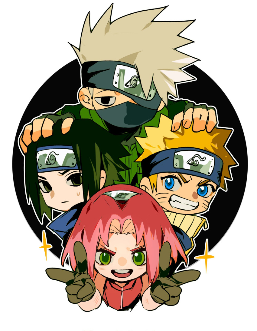 1girl 3boys black_background black_eyes black_hair blonde_hair blue_eyes blue_shirt border chibi double_v facial_mark fangs fingerless_gloves gloves green_eyes green_vest grey_hair grin hairband hand_on_another's_head headband highres mask mouth_mask multiple_boys naruto naruto_(series) one_eye_covered open_mouth parted_bangs pink_hair red_shirt shirt sleeveless sleeveless_shirt smile sparkle spiky_hair sweatdrop teeth upper_body v vest whisker_markings white_border xi_luo_an_ya